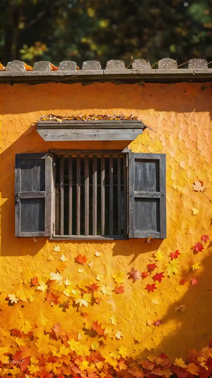 A rustic wooden window with open shutters and vertical bars is set into a textured, orange-yellow wall covered in fallen…