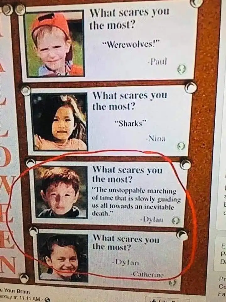 A bulletin board displays children's answers to 'What scares you the most?' Paul says 'Werewolves!', Nina says 'Sharks', and…