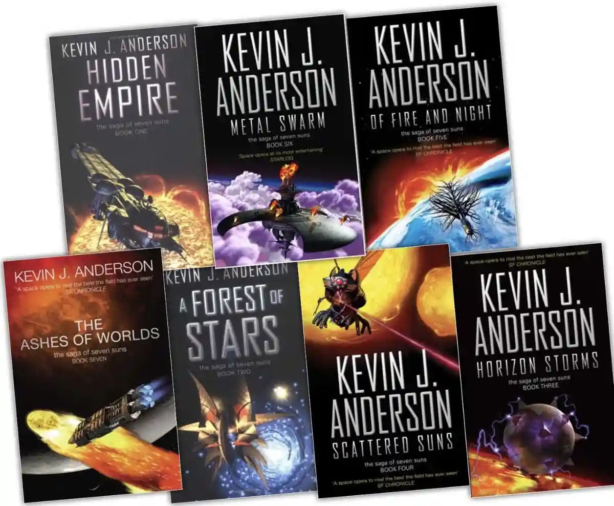 Six book covers from Kevin J. Anderson's 'The Saga of Seven Suns' series are arranged in a fan-like spread. Each cover…