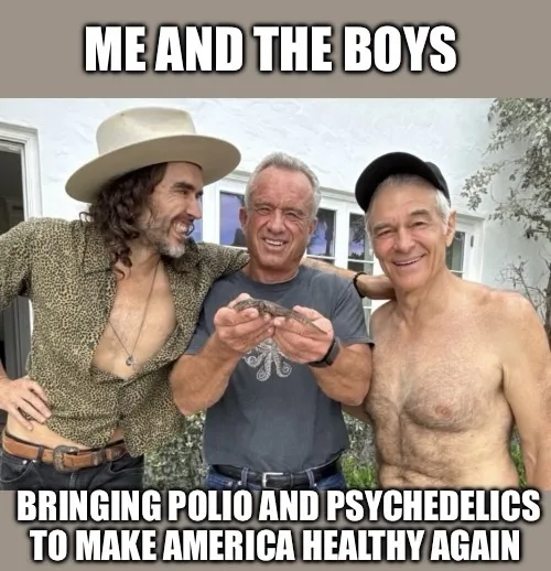 Three smiling older men stand together outdoors, one in a cowboy hat and open shirt, another holding a small octopus, and…
