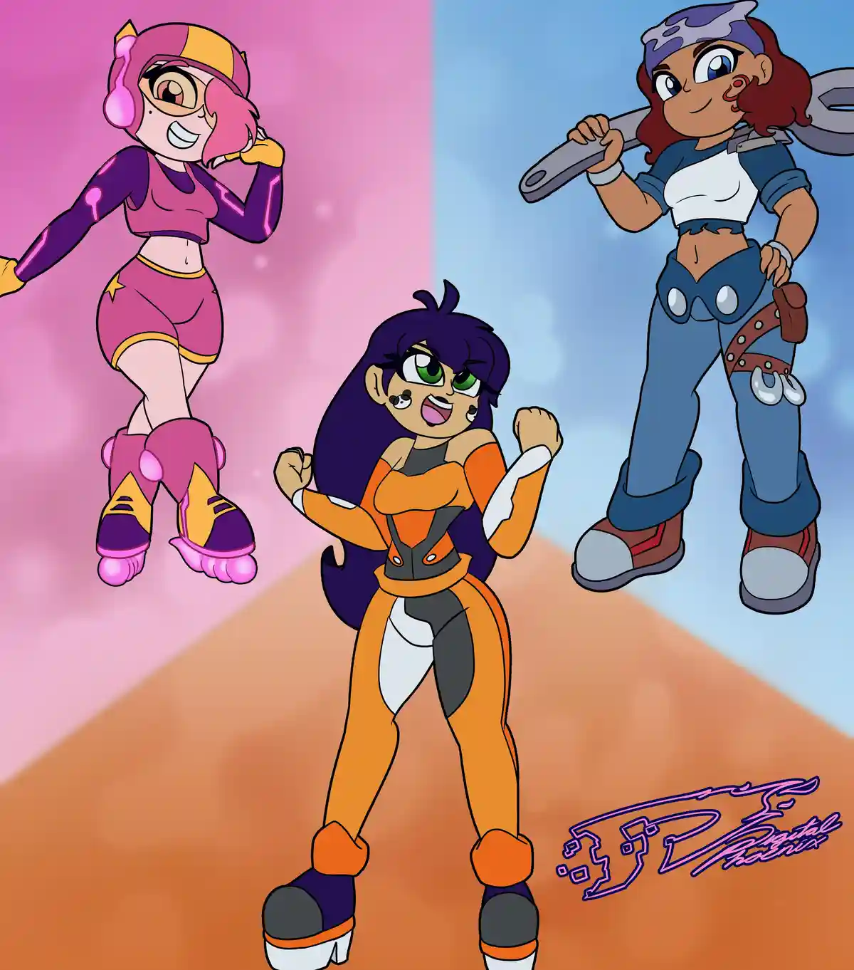 Three animated female characters are shown: one in pink roller skates on a pink background, one in orange and black armor in…