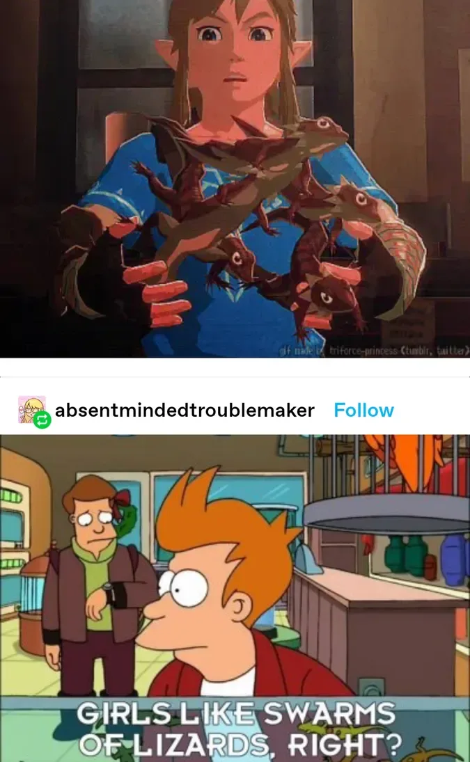 The top panel shows a character from The Legend of Zelda holding multiple small lizards on his arms. The bottom panel…