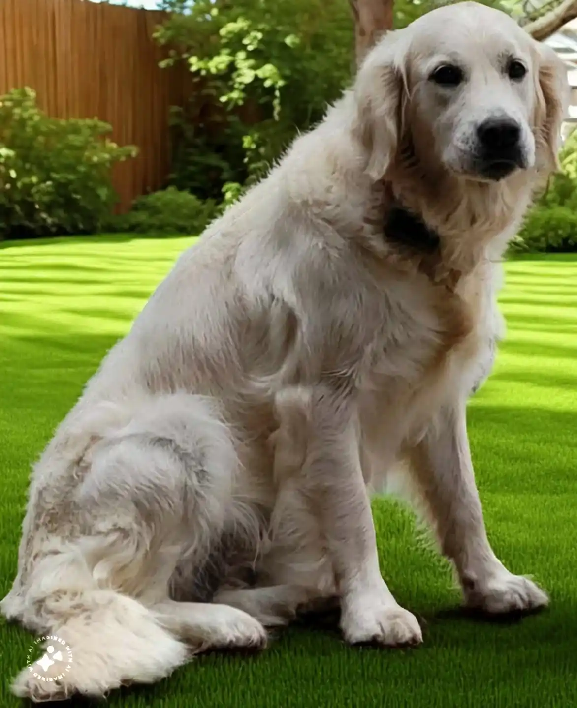 A fluffy, light-colored dog sits on bright green grass in a backyard, looking directly at the camera with a calm, slightly…