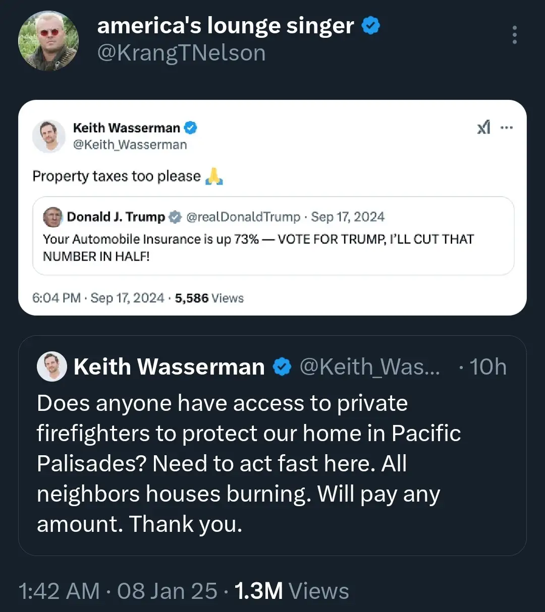 A screenshot of a Twitter thread shows Keith Wasserman replying to a tweet from Donald Trump, who claims he'll cut…