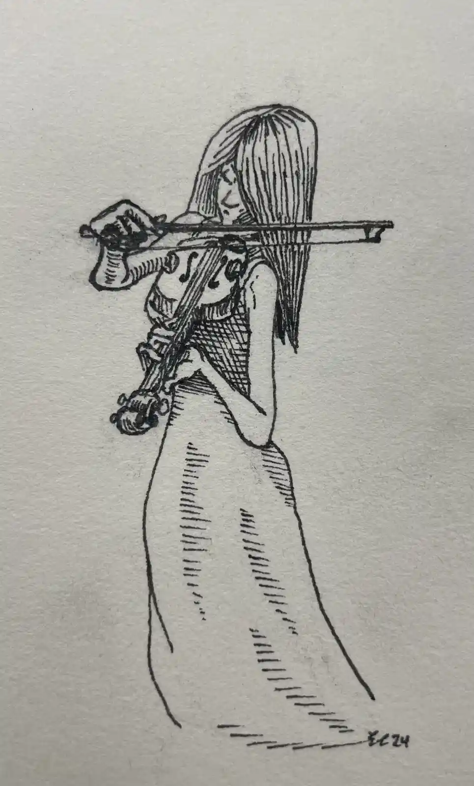 A black-and-white sketch shows a woman in a long dress playing a violin, with the instrument's body humorously drawn as a…