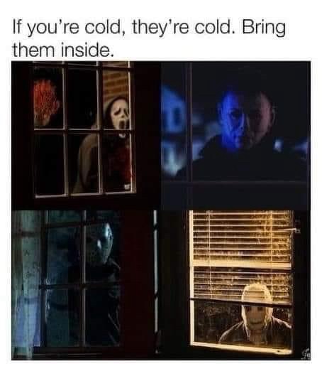 The image is a four-panel meme showing various horror movie characters looking through windows at a house. Top left…
