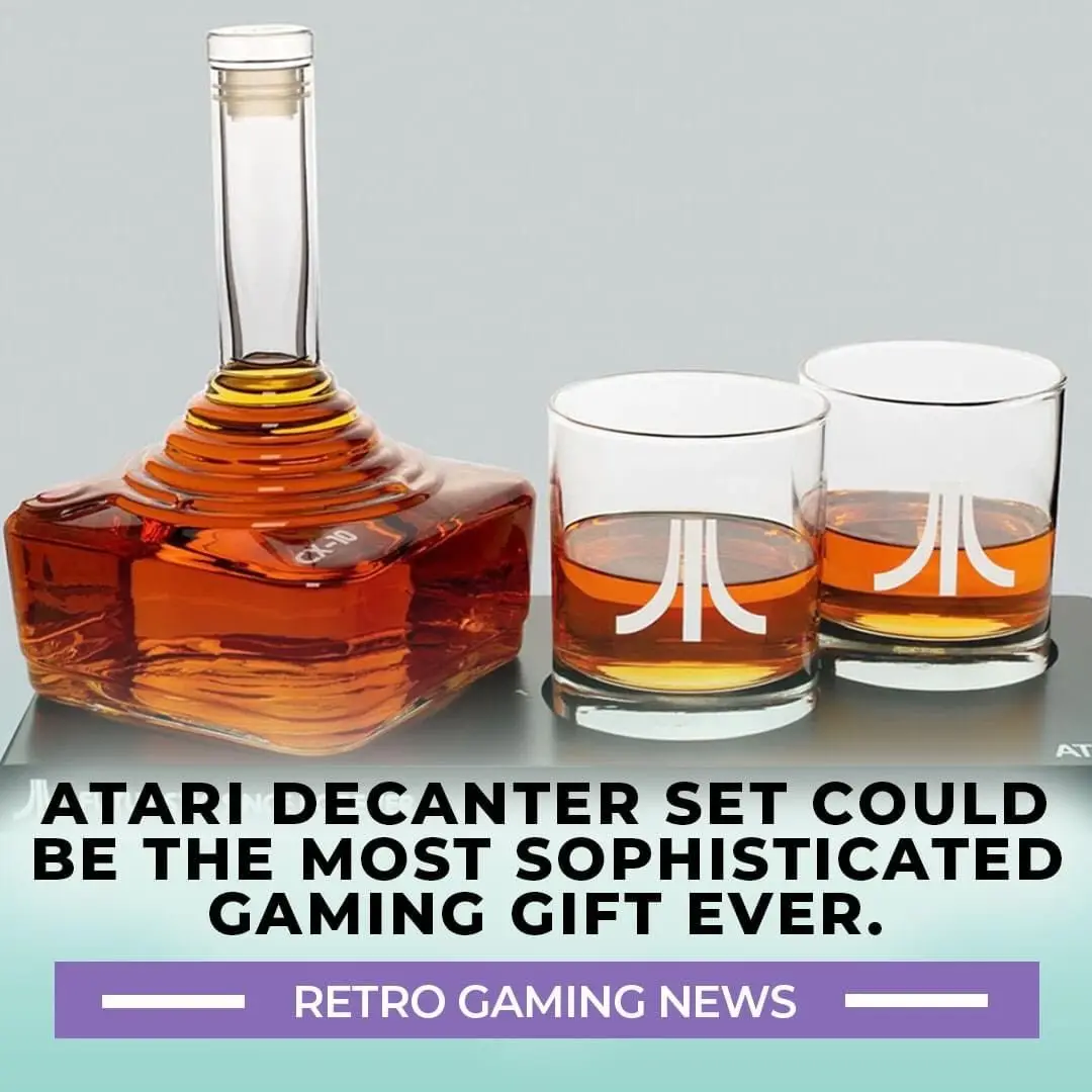 A product photo shows a glass decanter and two matching glasses filled with amber liquid, all shaped like the iconic Atari…