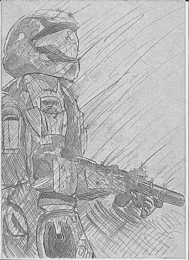 A black-and-white sketch depicts a soldier in full combat gear, including a helmet and tactical vest with 'ODST' visible…