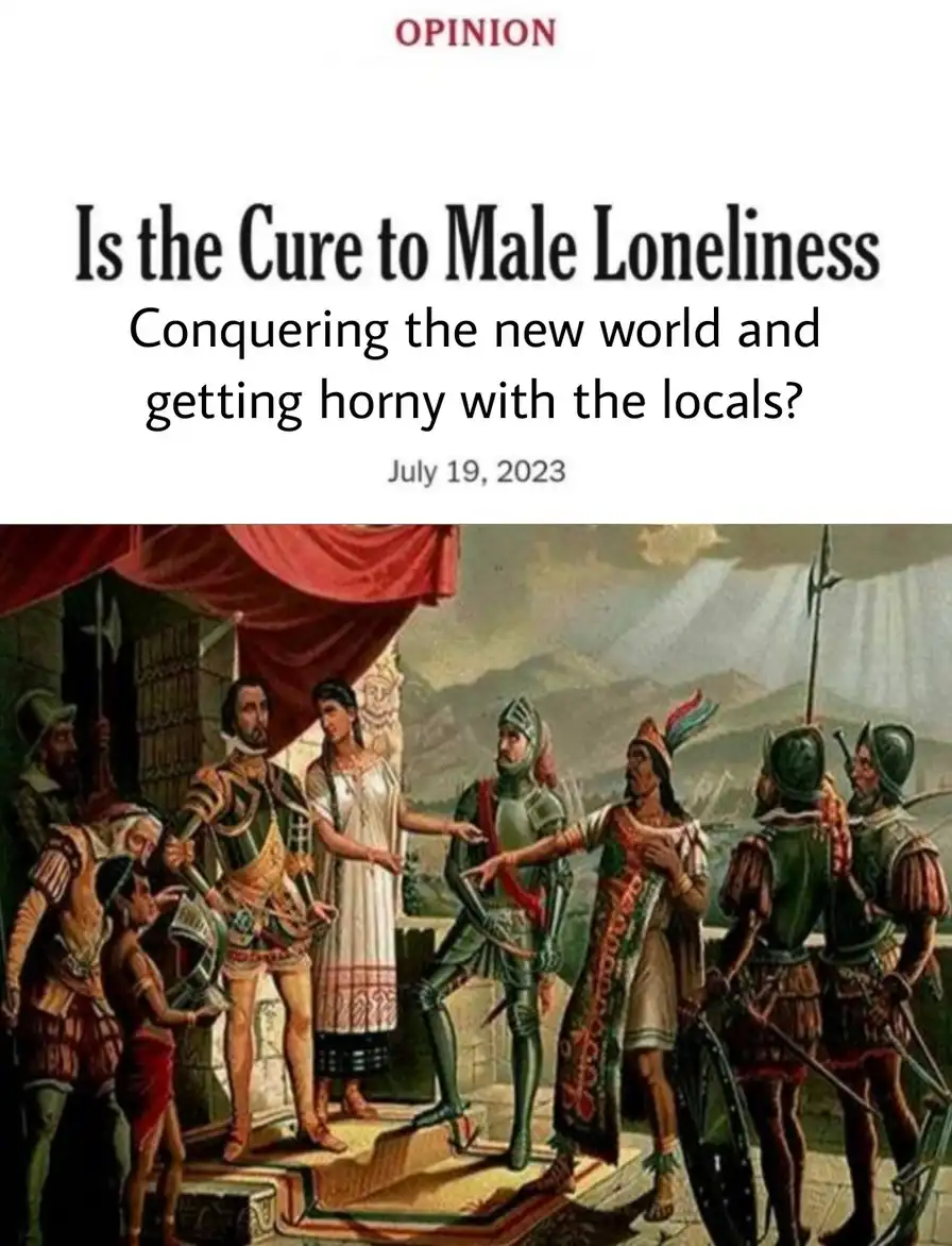 The image shows a historical painting of European conquistadors in armor interacting with indigenous people in a colonial…