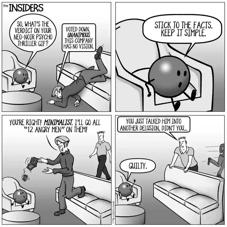 A four-panel black-and-white comic strip titled 'the INSIDERS' shows a bowling ball character and a human character in a…