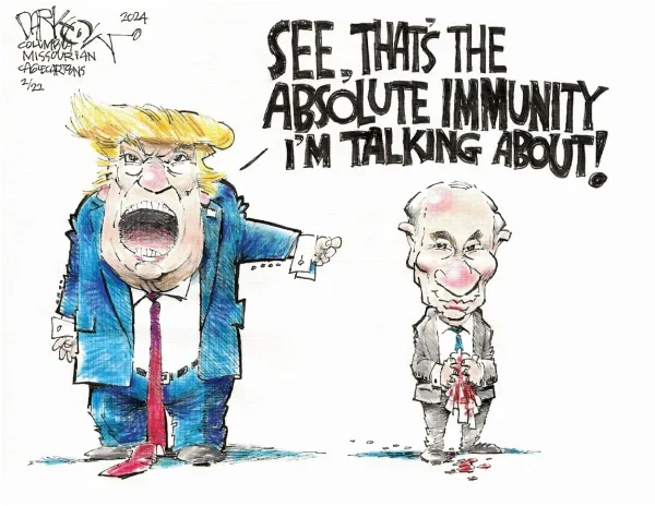 A political cartoon shows a caricature of Donald Trump yelling angrily while pointing at a smaller caricature of Vladimir…