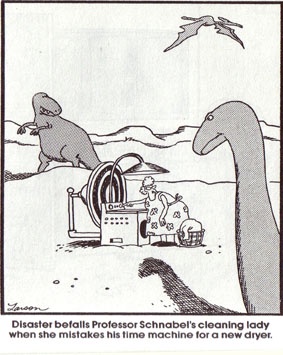 A black-and-white cartoon depicts a prehistoric scene with dinosaurs. A large, long-necked dinosaur (possibly a…