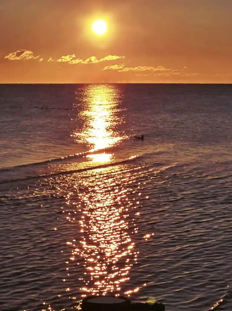 A serene sunset over the ocean with the sun low on the horizon casting a golden path of light across the water. Silhouettes…