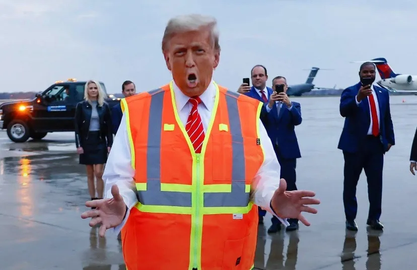 a man with white hair wearing a bright orange construction vest over a white shirt and red tie stands with arms outstretched…