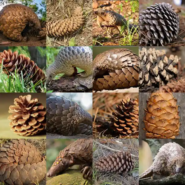 A collage of 12 images showing pangolins and pinecones, arranged in a grid. The pangolins are shown curled up or moving…