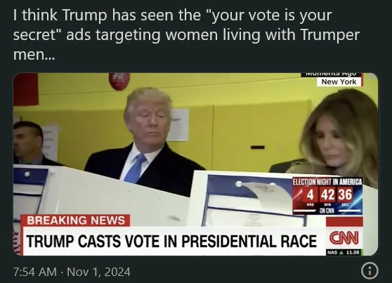A screenshot of a CNN news broadcast from November 1, 2024, showing Donald Trump casting a vote in a presidential race. The…
