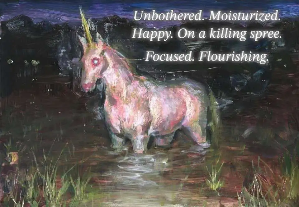 A painting of a pink, somewhat grotesque unicorn standing in murky water at night, with glowing red eyes. Overlaid white…