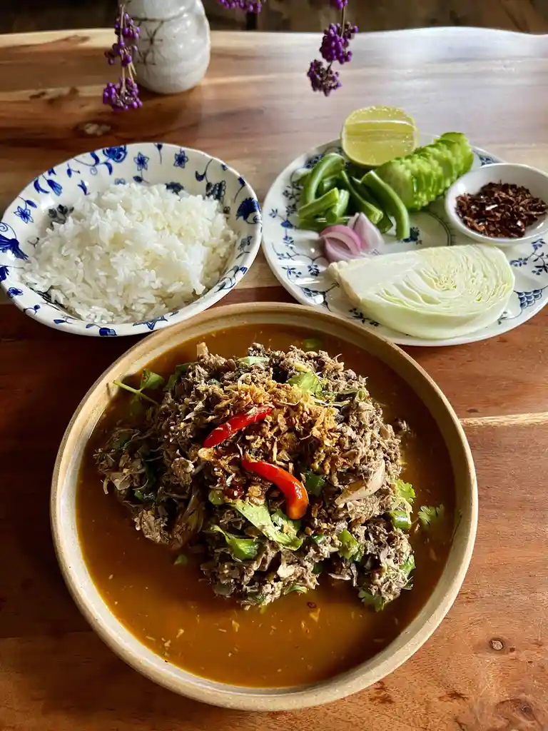 A bowl of shredded meat in a brown broth, garnished with red chili and herbs, sits on a wooden table next to a bowl of white…