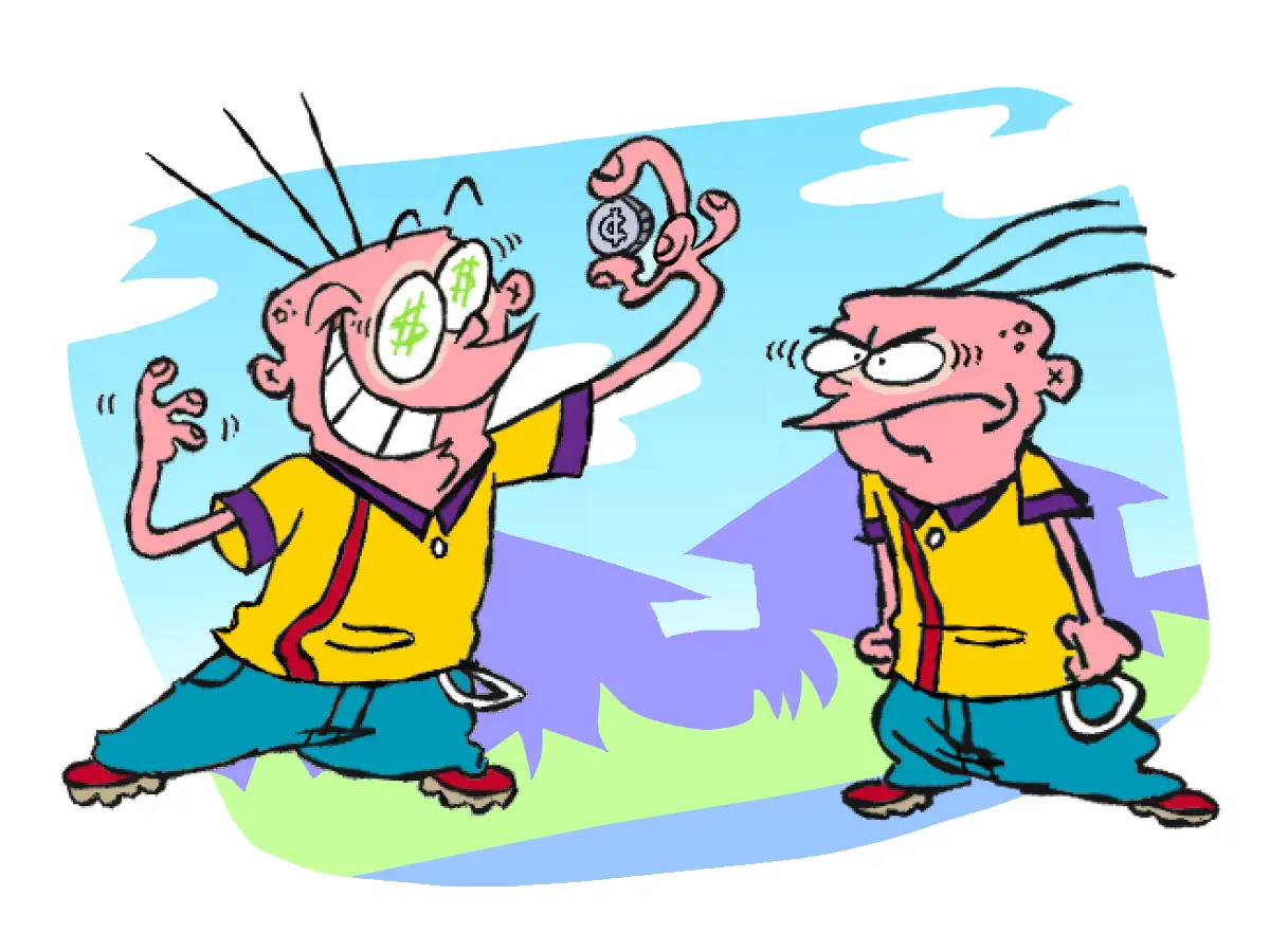 Two cartoon boys in yellow shirts stand outdoors; the one on the left, eyes replaced with dollar signs, gleefully holds up a…
