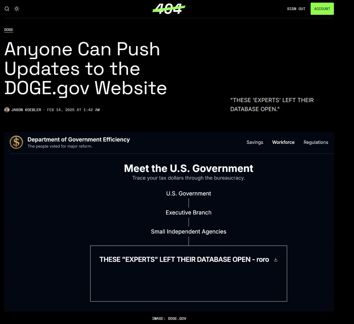 A screenshot of a fictional government website called DOGE.gov, which humorously claims anyone can push updates to it. The…