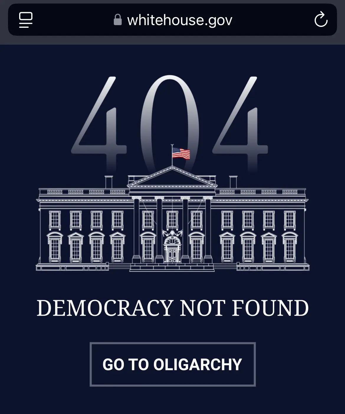 A mock 404 error page for whitehouse.gov shows a line drawing of the White House with an American flag, large '404' text…