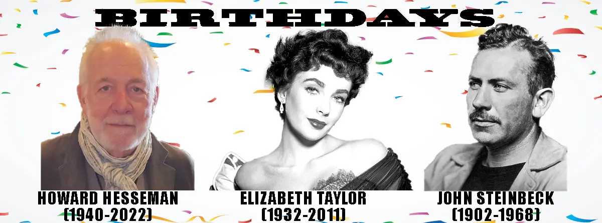 A celebratory image with confetti background and the word 'BIRTHDAYS' at the top, featuring three black-and-white portraits…