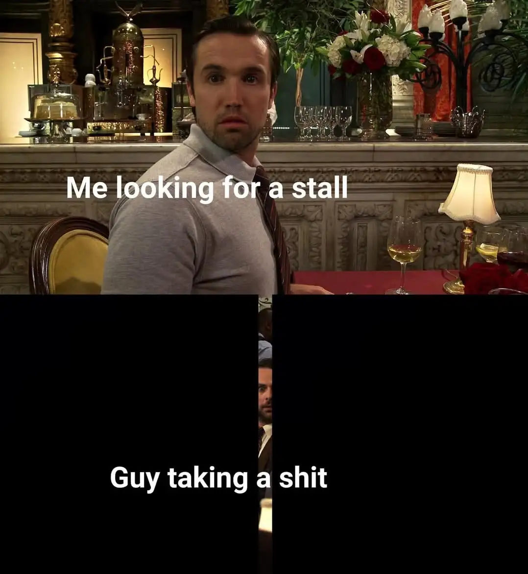 The top panel shows a man in a grey shirt and tie looking over his shoulder with a shocked expression in an ornate…