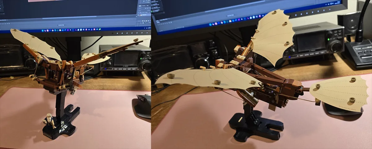 a split image shows a lego dragon model on a desk, with its wings partially assembled and revealing the internal mechanical…
