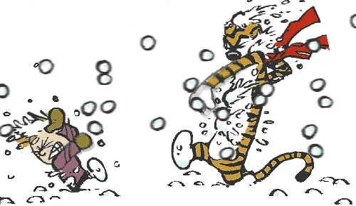 A comic strip panel showing Calvin and Hobbes running in the snow, with Calvin chasing Hobbes who is running away. The image…