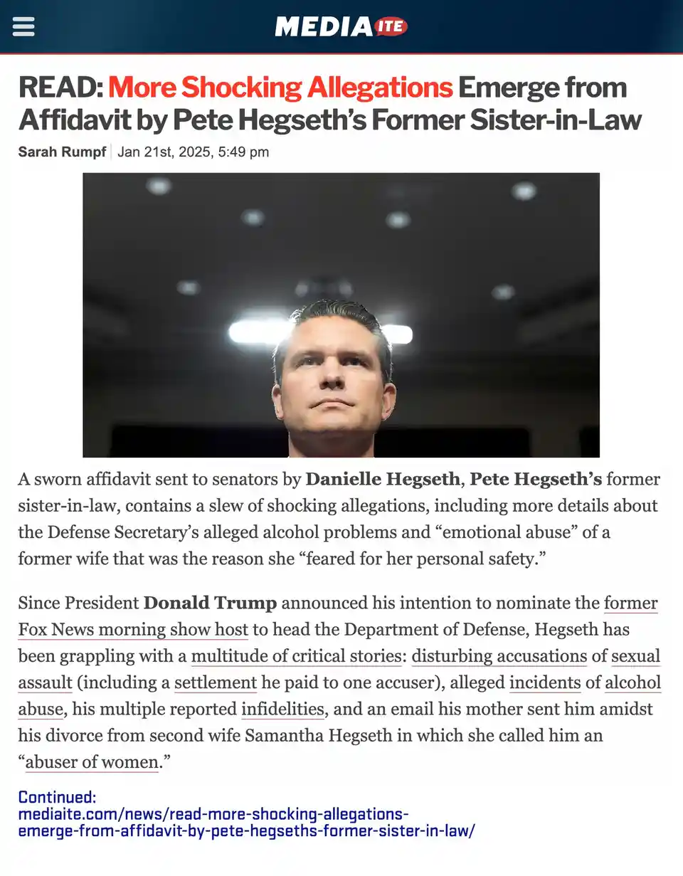 A screenshot of a Mediaite news article from January 21st, 2025, featuring a photo of Pete Hegseth looking upward with a…