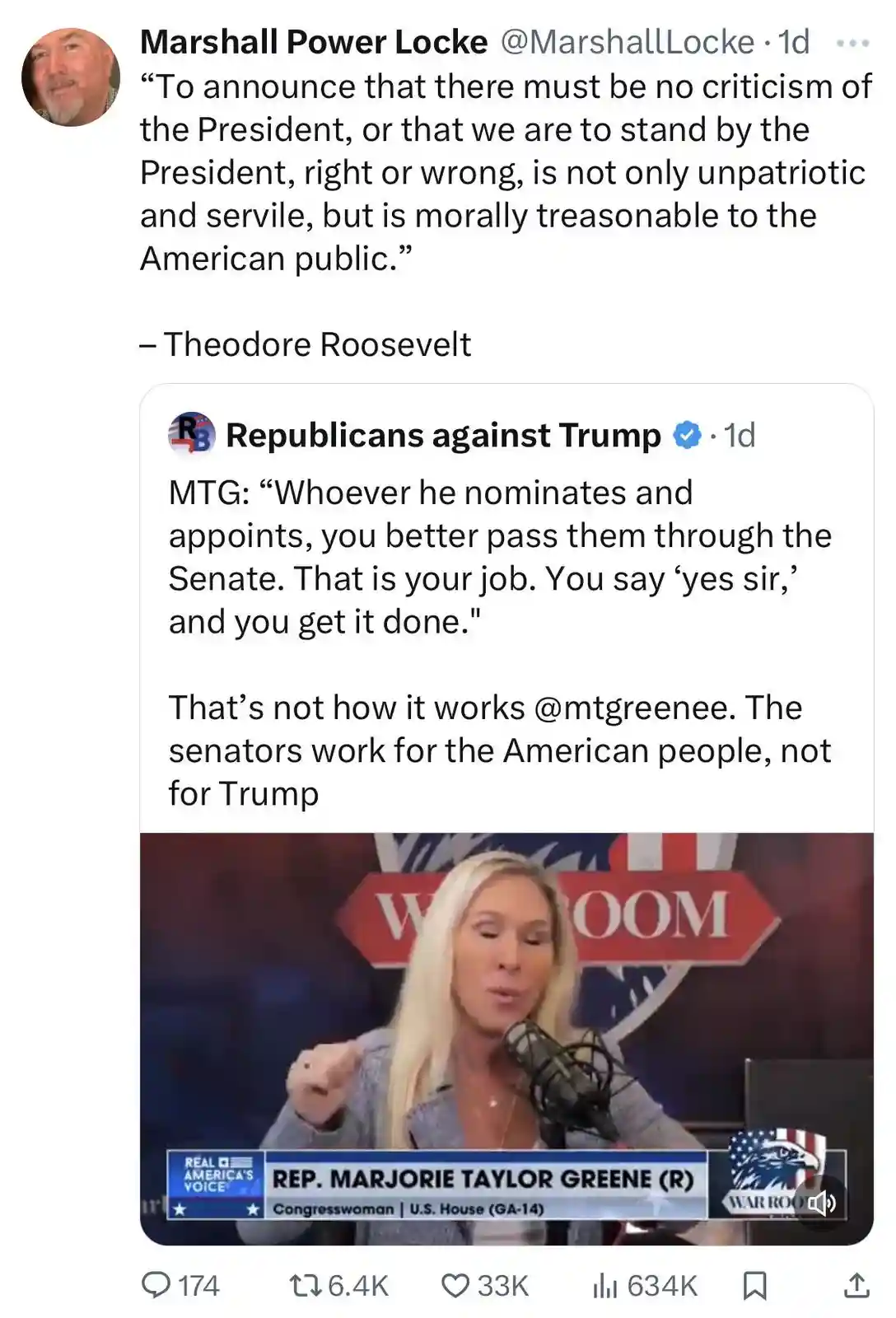 The image is a screenshot of a Twitter thread. The top tweet quotes Theodore Roosevelt saying criticism of the president is…