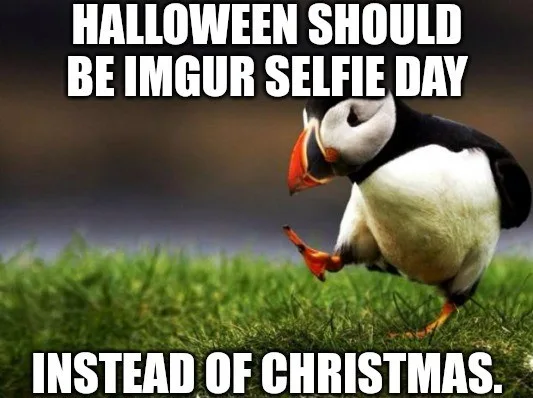 A penguin stands on green grass, looking down at its own feet with a comically self-absorbed expression. White bold text…