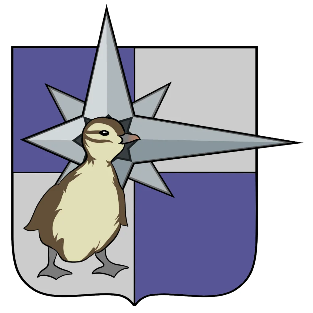 A cartoon penguin stands in front of a silver star on a shield divided into purple and white sections. The penguin has a…