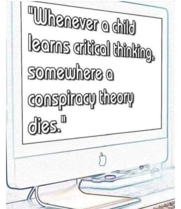 A hand-drawn sketch of an Apple iMac computer displaying the text: "Whenever a child learns critical thinking, somewhere a…