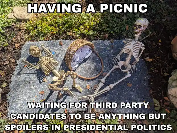 Two plastic skeletons are arranged on a stone slab outdoors, appearing to have a picnic with a wicker basket. One skeleton…
