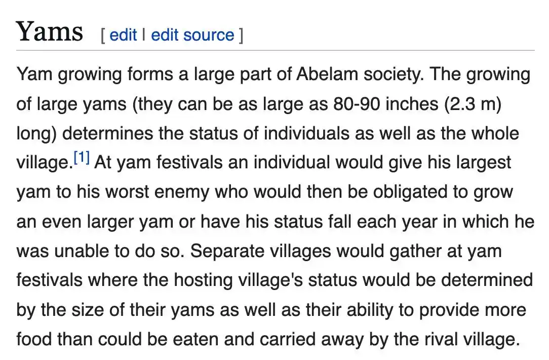 A screenshot of a Wikipedia article section titled 'Yams' describes how yam cultivation in Abelam society determines social…