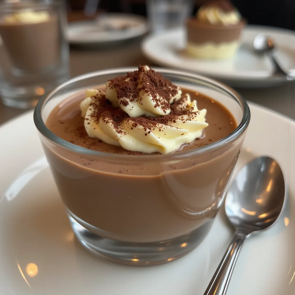 A close-up photo of a chocolate mousse dessert in a clear glass cup, topped with whipped cream and cocoa powder, sitting on…