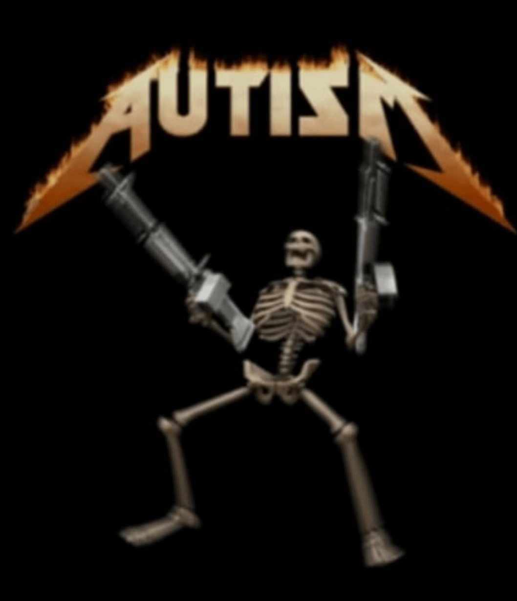 A skeletal figure holding two large syringes, set against a black background with the word 'AUTISM' in a fiery, jagged metal…