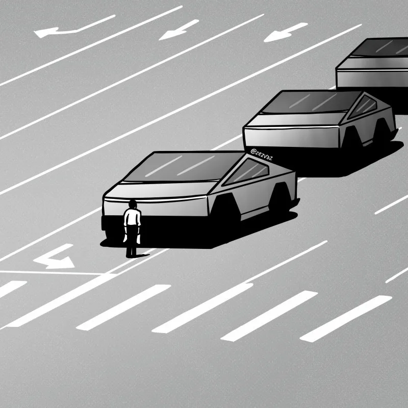 A black-and-white illustration shows a small person standing in the middle of a multi-lane road, facing a line of large…