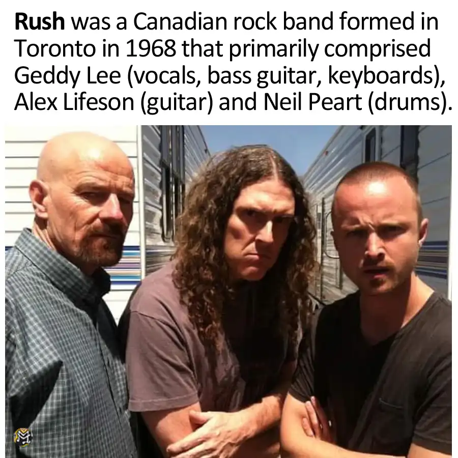 The image shows three men standing side-by-side with serious, intense expressions, arms crossed, in front of a mobile home…