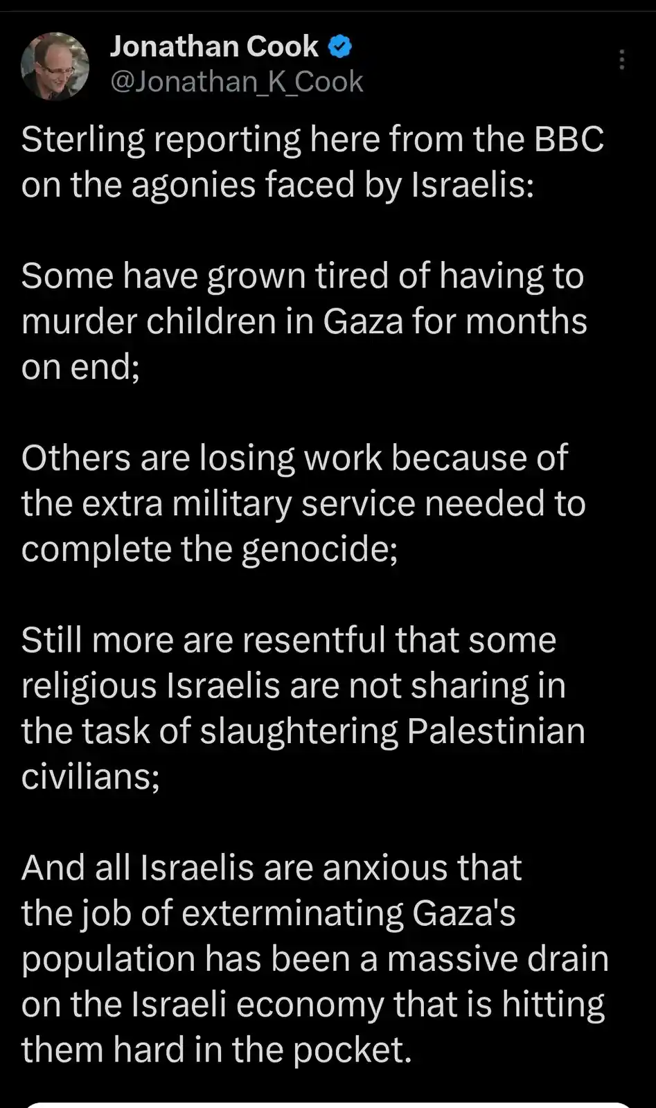 A screenshot of a tweet by Jonathan Cook, displaying white text on a black background. The text is a satirical 'BBC report'…