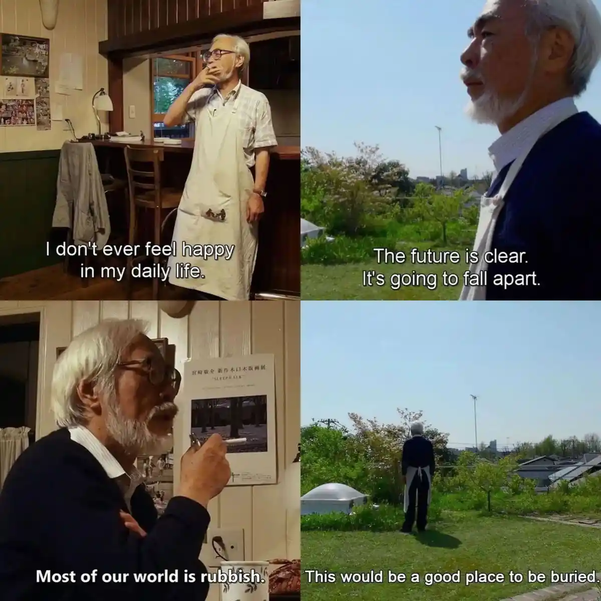 A four-panel meme featuring Japanese filmmaker Hayao Miyazaki in various contemplative scenes, overlaid with text expressing…
