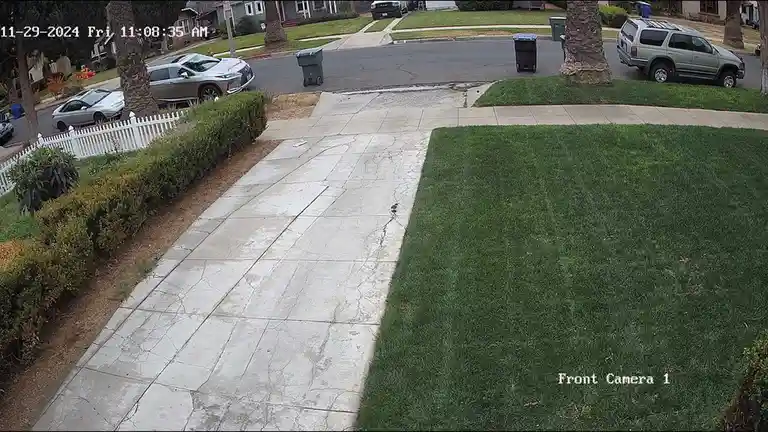 A security camera view from a front yard shows a cracked concrete walkway leading to a street with parked cars and trash…