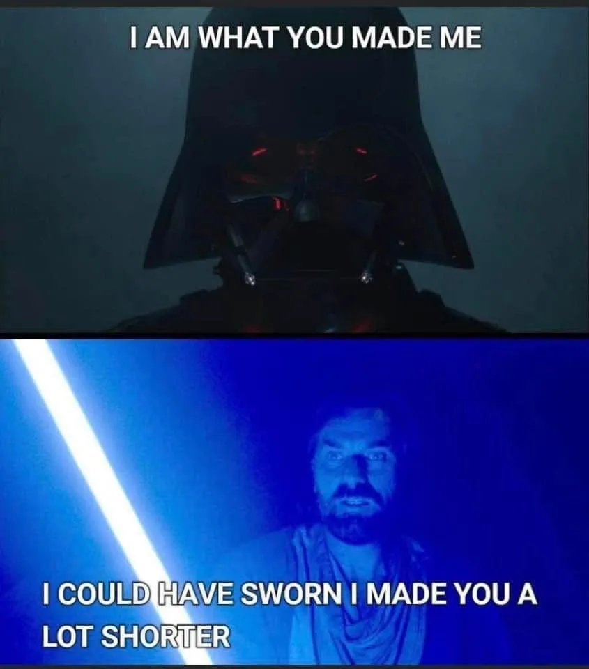 The top panel shows Darth Vader in his iconic black helmet with glowing red eyes, overlaid with the text 'I AM WHAT YOU MADE…