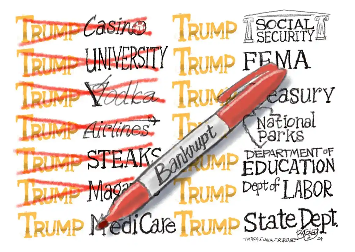 A cartoon shows a red marker crossing out 'Trump' before words like 'Casino', 'University', 'Vodka', 'Airlines', 'Steaks'…