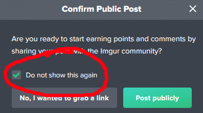 A screenshot of an Imgur 'Confirm Public Post' dialog box with a red circle highlighting the checked 'Do not show this…