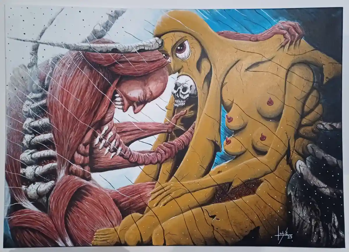 A surreal, grotesque painting depicts two monstrous, humanoid figures locked in a violent embrace. One figure is red and…