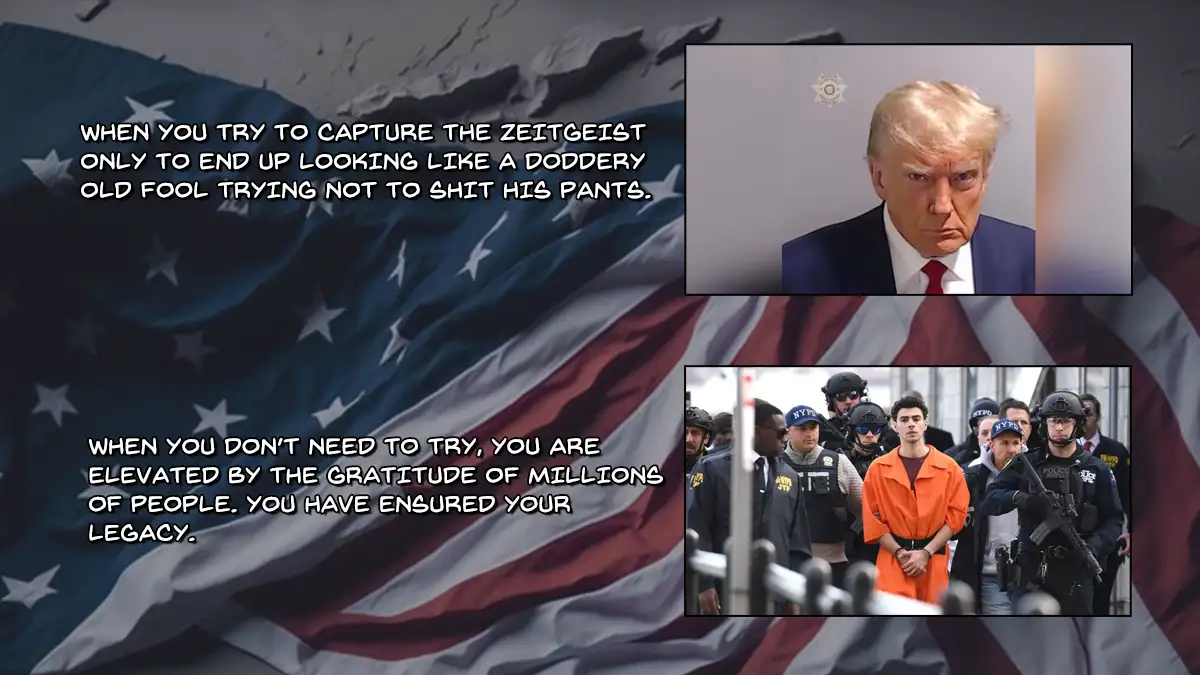 The image features two inset photos against a torn American flag background. The top photo shows Donald Trump with a stern…