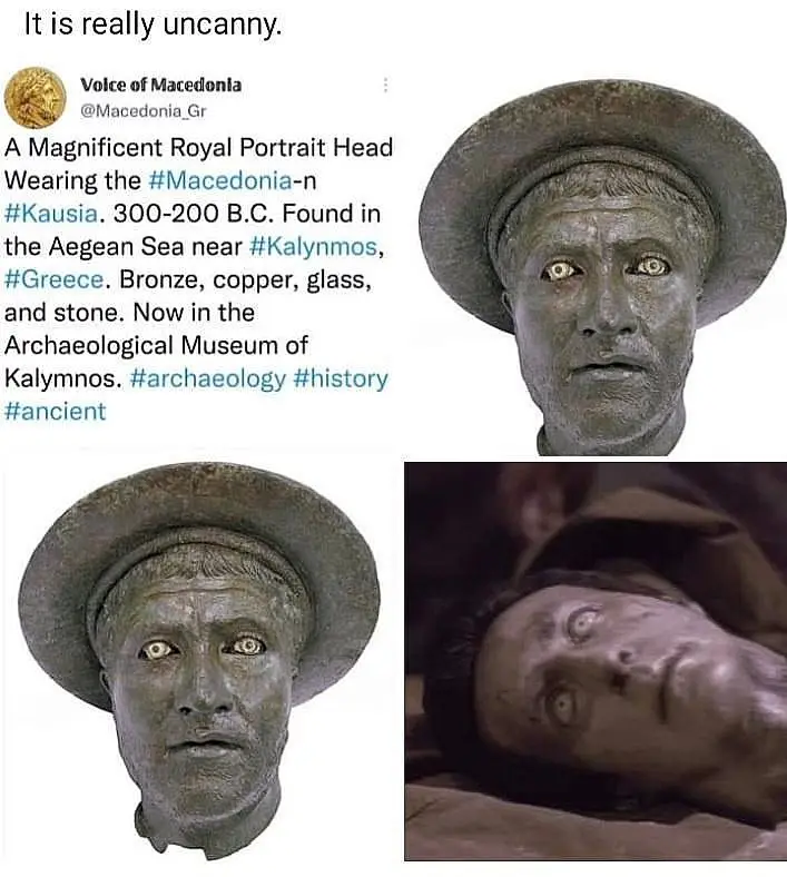 The image displays a tweet from 'Voice of Macedonia' describing an ancient Macedonian royal portrait head found in Greece…