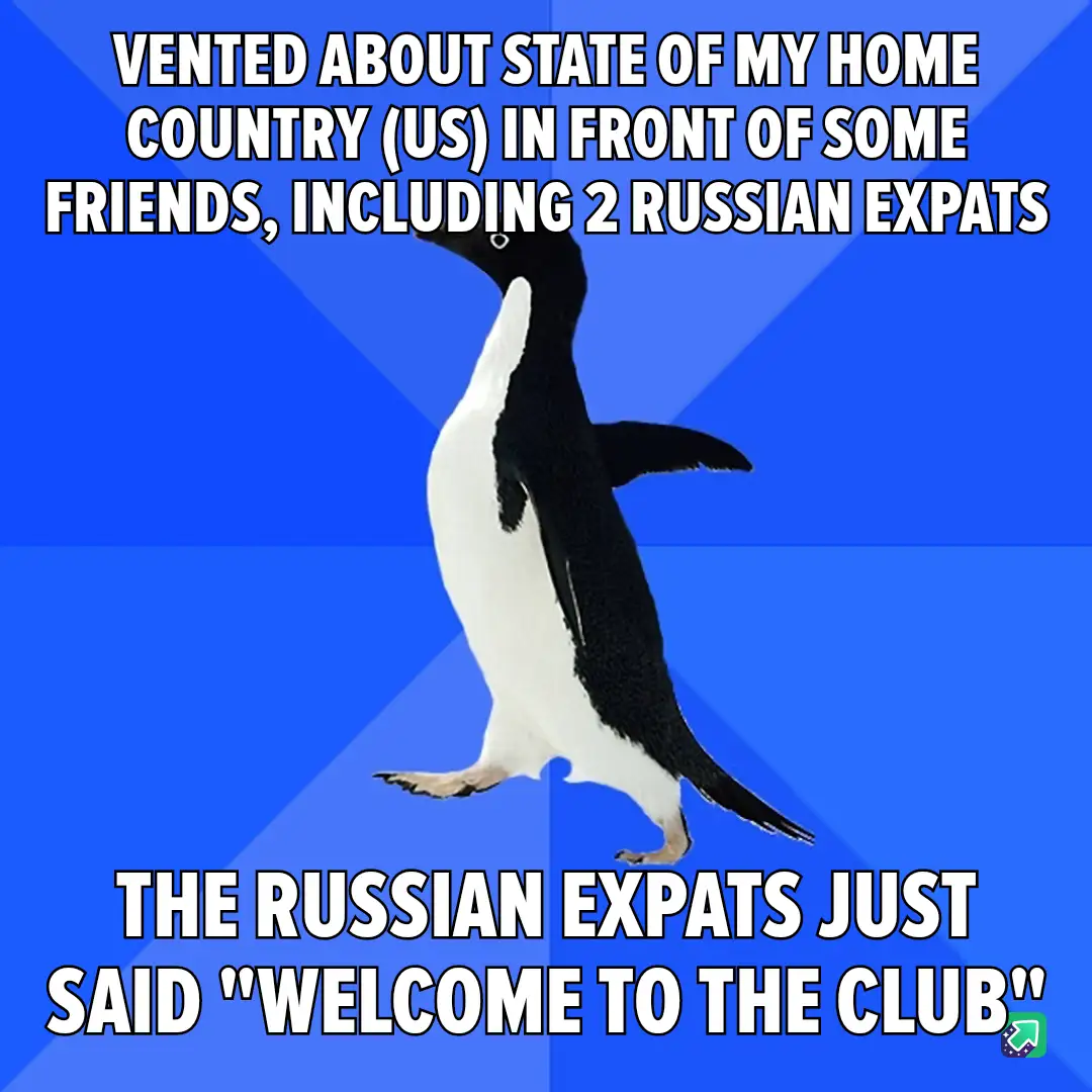 A penguin stands against a blue background with white text overlaid. The top text reads 'VENTED ABOUT STATE OF MY HOME…